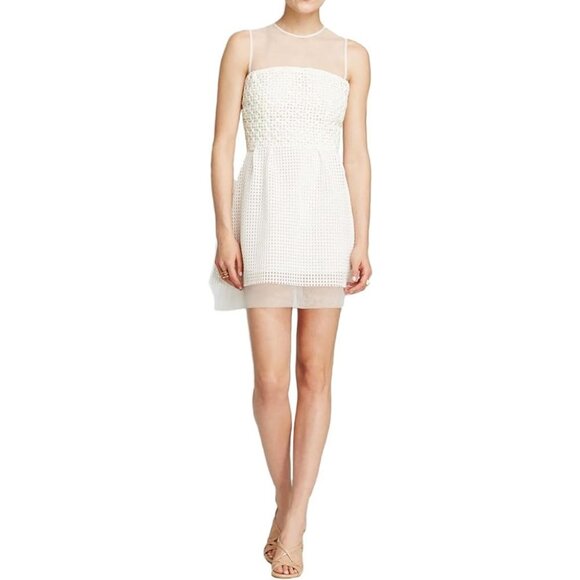 French Connection Glacier Wave White Sheer Mesh Inset Mini Dress Women's 4 - Picture 2 of 4